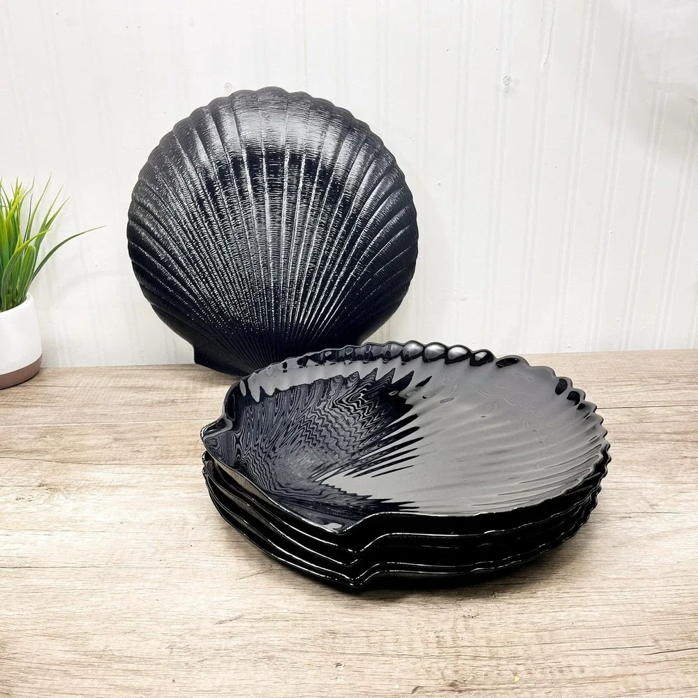 Vintage Arcoroc France Black Glass Seashell Plates Tableware Set of 6